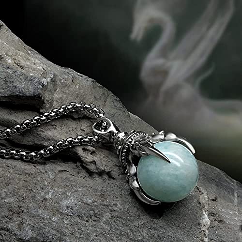 Bahamut Dragon Claw Natural Amazonite Gemstone Healing Crystal Ball Stone Sterling Silver Pendant Necklace For Men Woman,Goth Punk Jewelry Chain #TOP5