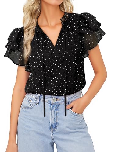 Lotusmile Summer Chiffon Dressy Casual Blouses Elegant Ruffle Short Sleeve Work Tops for Women Trendy3