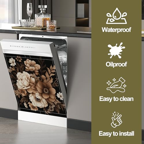 Image of Brown Black Flower Dishwasher Magnet Cover,Artistic Kitchen Decor Waterproof Refrigerator Magnet Appliance Cover Protector,23Wx26H Inches