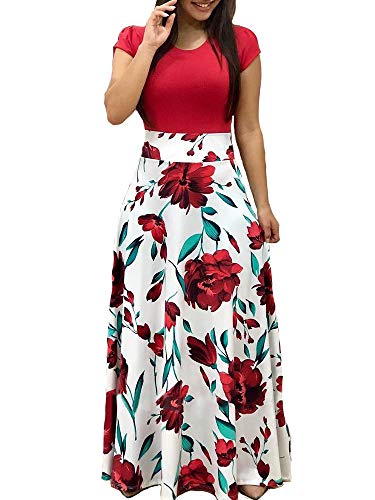 Aublary Womens Long Sleeve Maxi Dress Round Neck Floral Print Casual Tunic Long Maxi Dress (L, Red-Short Sleeve)