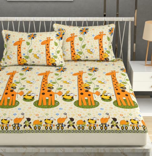 Image of Vram Premium Heavy Cotton Flat Bedsheets with 2 King Size Pillow Covers || Double Bed 350 TC || 90 x 100 Inch King Size Flat || :- Animal Girafe