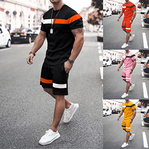 KPNV Conjunto de 2 peças de agasalho masculino de verão listrado, camisetas de manga curta, shorts,