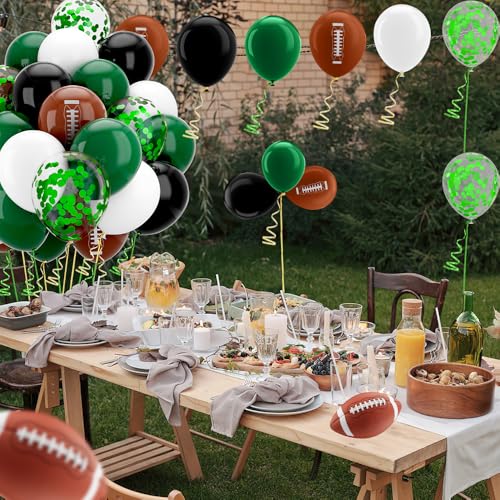 Image of Football Balloons, 60pcs 12 Inch Football Birthday Party Balloons, Dark Green Brown Black Latex Balloons and Geen Confetti Balloons for Touch Down Sports Theme Party Decoration