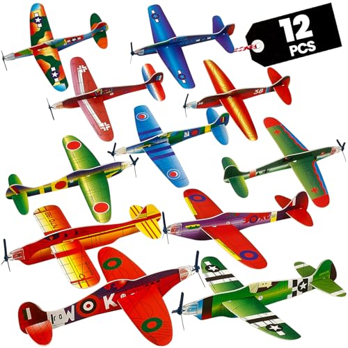 Bedwina Glider Planes Bulk 12-Pack 8-Inch Bomber Airplane Gliders for Kids, Foam Paper Airplane Kit For Birthday, Goodie Bag Stuffers Party Favors For...