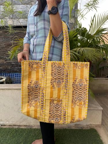 Image of YILLE Cotton Quilted Floral & Tiger Print Tote Bag, 18 x 18 inches For Grocery Shopping, Travel