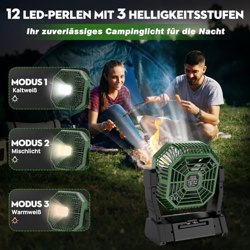 Camping Ventilator mit Akku, Leiser Zelt Ventilator mit LED Licht & Haken, 8-30 Std. Laufzeit, Tragbarer Ventilator mit Powerbank, Timer & Fernbedienung 10000mAh, Ideal für Camping, Outdoor, Wohnmobil 5