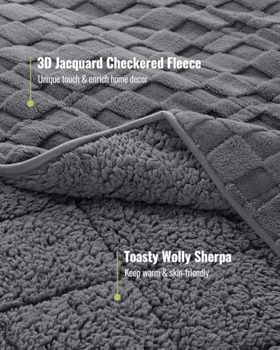 Uttermara Sherpa Fleece Weighted Blanket Queen Size(20lbs, 60" x 80", Grey), 3D Jacquard Checkered Warm Sherpa Heavy Blanket for Adults, Soft Fuzzy Weighted Blankets for Couch Bed Sofa