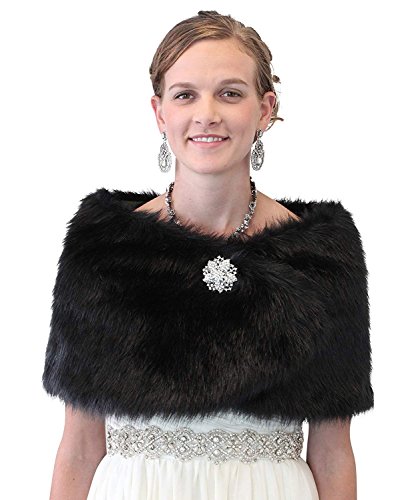 Tion Design Women's Faux Fur Bridal Shawl One Size, Black Free Brooch Pin, Evening Shrug, Party cover up