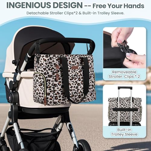 Image of Pritent Diaper Bag Tote for Working Mom, Large Travel Diaper Tote for Mom and Dad with 14 Inch Laptop Sleeve, Mommy Maternity Travel Baby Bag for Boys and Girls, Leopard