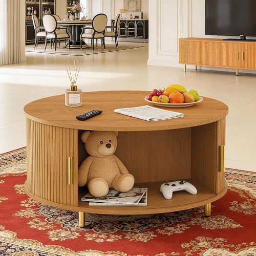 Image of DHH Round Coffee Table, 31.5 inch Mid Century Modern Coffee Table with 360 Sliding Tambour Door, Fluted Accent Coffee Table with Storage,Adjustable Footpads for Living Room, Yellow Walnut