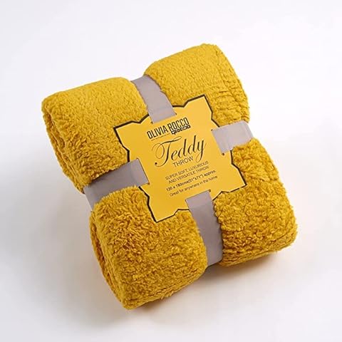 NFK Teddy Throw Super Soft Non Allergic Blanket Warm Bed Fleece and Cosy Sofa Travel Throw (New Ochre, Double - 130x180cms) Cover
