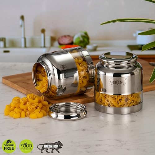 Image of Serene Stainless Steel Exotic See-Through Jar | Airtight Jars for Kitchen Storage | Premium Steel Jars with One Turn Lock Lid | Transparent Stainless Steel Containers | 1000ML each | 2 PC