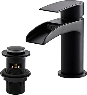 Matte Black Basin Taps with Pop Up Waste, BATHWEST Waterfall Basin Tap with Drain, Monobloc Black Brass Bathroom Sink Taps with Sink Plug 112NBK
