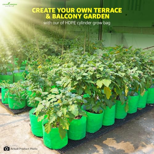 Image of Anandi Green's Premium Hdpe Uv Protected 260 GSM Round Shaped Green Colour Plants Grow Bags Suitable for Terrace and Vegetable Gardening 10x10 Inch Pack of 5