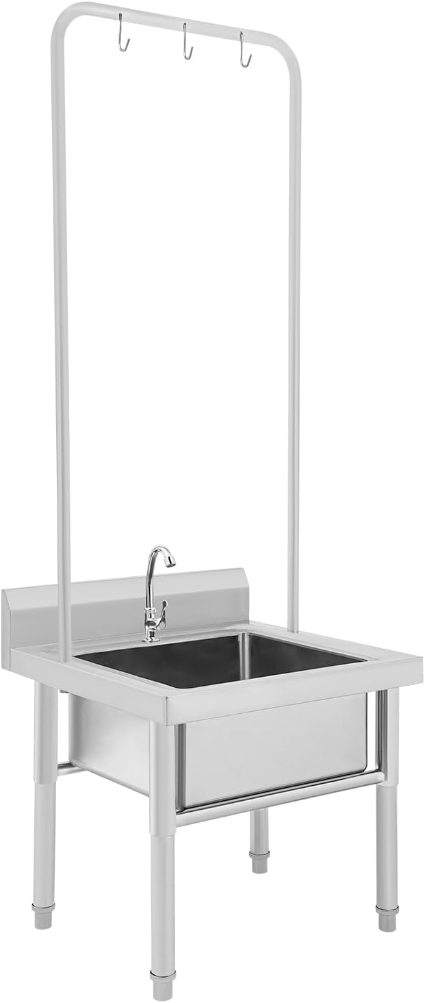 Commercial Mop Sink, 201 Stainless Steel Floor Mop Sink with Faucet and 3 Hook Desig, 23.62" x 23.62" Freestanding Rectangle Large Sinks for Laundry Rooms, Restaurants, Garages, Balconies