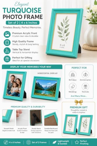 Image of 4x6 Inch Photo Frame Set of 2 - Acrylic Front Table Top Photo Frames with Stand, Dual Orientation Portrait & Landscape Display for Home Office Decor (turquoise)