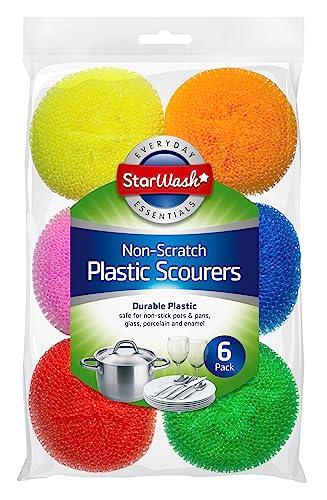 HOMESHOPA Non Scratch Plastic Mesh Scourers, 6 Pack Round Dish Pot Scrubber, Washing Up Reusable Sponge Scrub, Non Stick Scouring Ball Long Lasting Kitchen Dish Pads Stain Removing Cleaning Scrubber