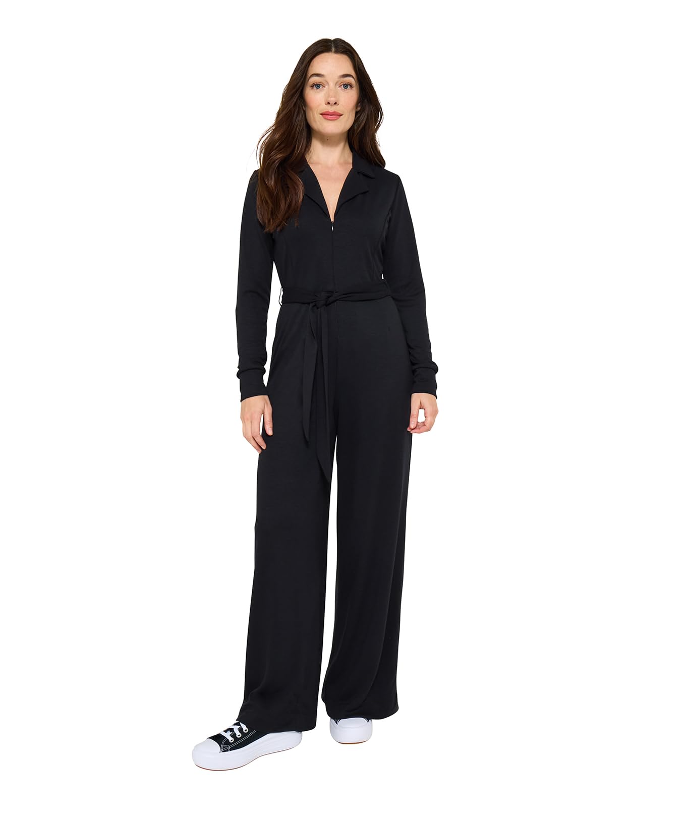 Joe Browns Women's Collared Zip Front Straight Leg Jersey Jumpsuit, Petite, Black, UK 14