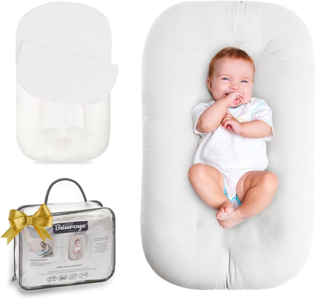 Baby Lounger - Snuggle Cozy Me Infant Lounger for Newborns | Breathable & Soft, Portable Awake-Time Pad, Essential Baby Gift- Natural (Lounger Cover Included)