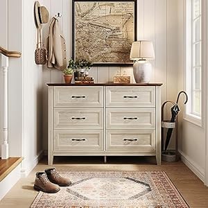 Linsy home farmhouse 6 drawers dresser white wood dresser for bedroom wide chest of drawers french country storage double dressers organizer for bedroom living room  urban country home decor