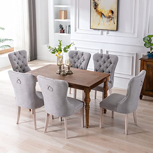 Chairus Dining Chairs Set Of 6 With Tufted High Back Retro Linen Fabric Upholstered Dining Room Chairs Side Chairs Rustic White Wood Legs Nailhead Trim Ring Pull- Grey 6Pcs #TOP6