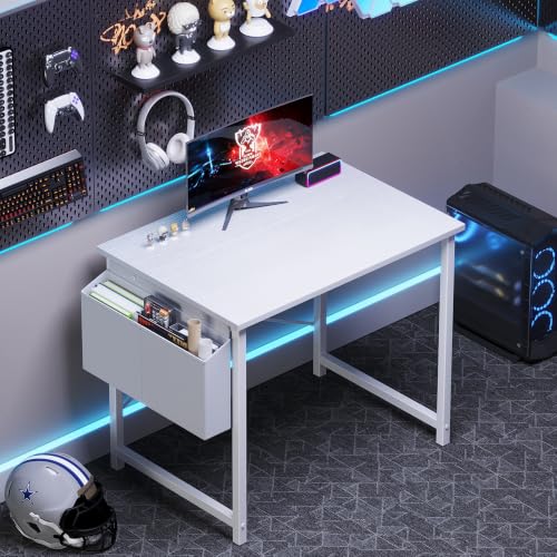 Image of OLIXIS Small Computer Desk, 31 Inch Gaming Desks for Home Office | Writing Study Craft Work Table, Computer Workstation for Bedroom Small Spaces with Storage Bag, All White