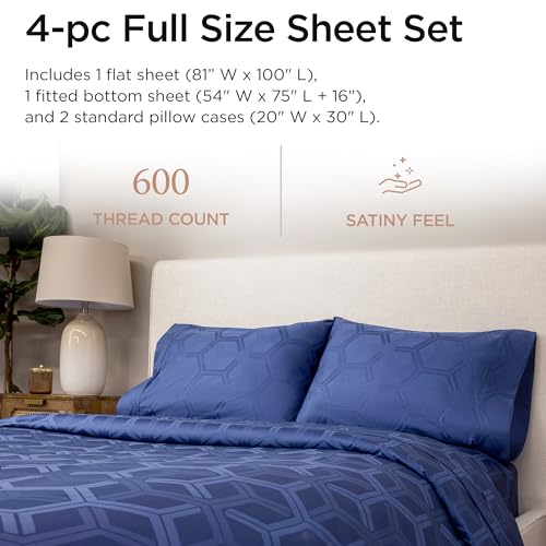 Image of Threadmill 100% Cotton Sheets for Full Size Bed - 600 Thread Count Full Bed Sheets Set with 16 inch Deep Pocket - Jacquard Sateen Weave 4-Piece Bedding Set with Cooling Effect, Folkstone Blue