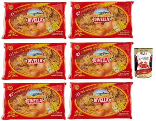 Divella - Tagliatelle all'uovo Nº 95 - Auténtica pasta italiana, fideos de huevo, la más deliciosa tagliatelle para compartir con la familia -6 x 500 g + Polpa italiana gourmet 400 g