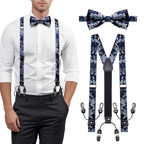 Image of YOHOWA Men Suspenders 6 Clips Strength Adjustable Y Braces Pre-Tied Bow Tie Set Formal Wedding Party