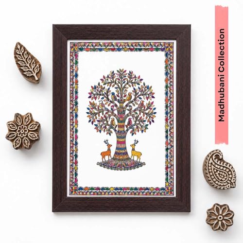 Image of PAPER PAJAMA Tree of Life Wall Art for Living Room | Madhubani Bird & Deer Painting | Traditional Mithila Folk Artwork Framed Home Decor for Bedroom, Office & Hall (10x13 Inches)