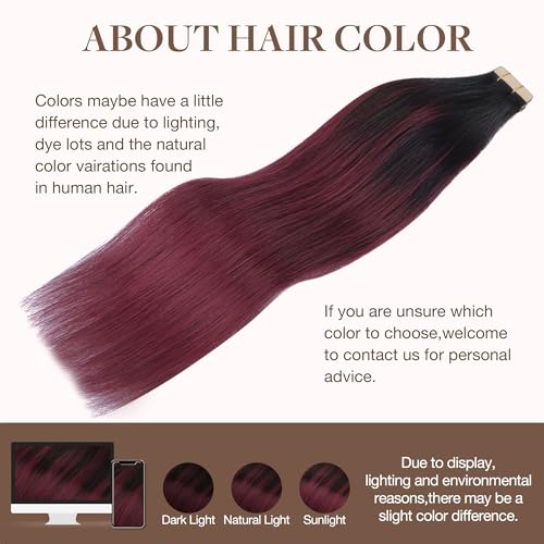 Image of GOO GOO Tape in Hair Extensions Human Hair, 1 /99 Balayage Jet Black to Red, 16inch 50g 20pcs, Thick Ends Straight Seamless Tape in, Invisible Tape in Hair Extensions Human Hair