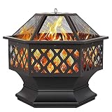 MULTIFUNCIÓN: el pozo de fuego de madera tiene un acabado en un revestimiento de bronce con un hermoso diseño de celosía, que complementa cualquier estilo de ocasiones al aire libre como patios traseros, junto a la piscina y patio sin restricciones de temporada. Cuando acampe o haga un picnic, puede usar carbón o troncos de madera para mantenerse caliente o cocinar salchichas o malvaviscos. Perfecto para entretener a los invitados y crear un ambiente de hoguera.
