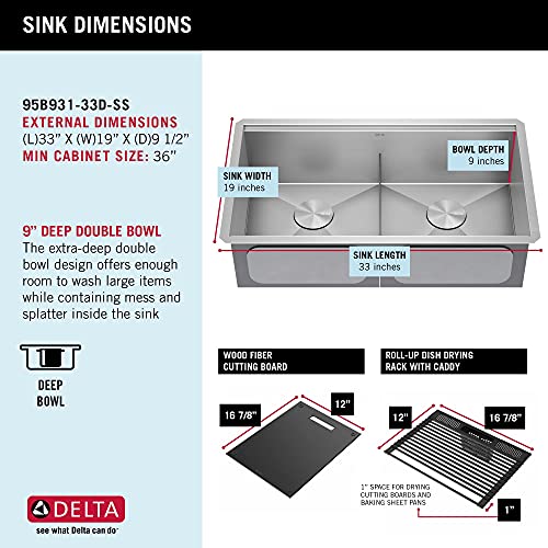 DELTA Rivet 33-Inch Workstation Kitchen Sink Undermount 16 Gauge Stainless Steel 50/50 Double Bowl with WorkFlow Ledge and Chef’s Kit of 9 Accessories, 95B931-33D-SS