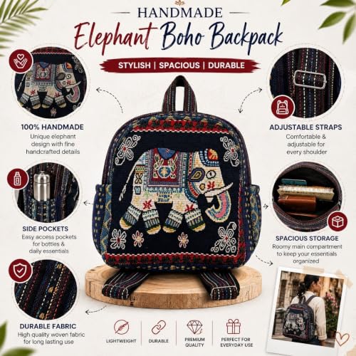 Image of Elephant Print Canvas Tote Bag for Women, Ethnic Shoulder Handbag with Multicolor Elephant Design, Dual Handle Everyday Carry Bag for Shopping, Office, College, Travel & Daily Use