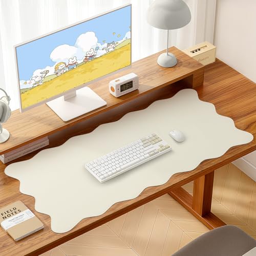Image of PU Leather Desk Pad, Scalloped Non-Slip Mouse Pad & Large Desk Mat Cover Stitched Edges Writing Pad for Office, Home - Waterproof, Easy to Clean, Durable Surface I 31.4 inchx15.7 inch, Off-White