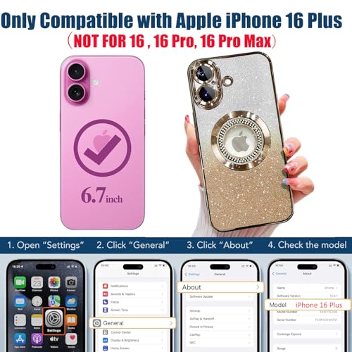 Image of Misscase for iPhone 16 Plus Magnetic Glitter Case Compatible with MagSafe,Full Protection Slim Shockproof Anti-Scratch Case with Camera Lens Protector Logo View Dust-Proof Net for Women Gold