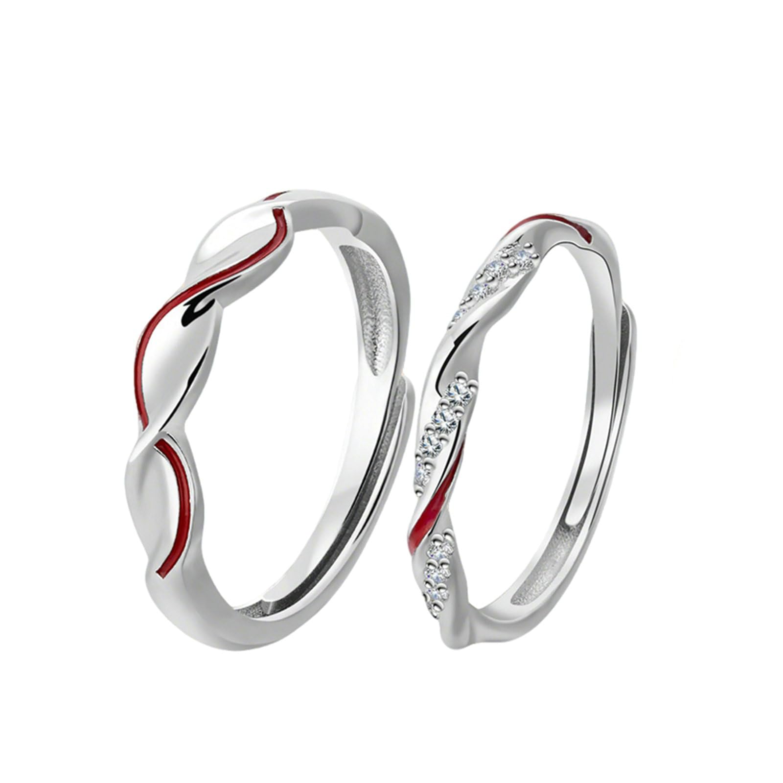 Filo Rosso Anelli, Anelli di Coppia Regolabili Argento 925 Mobius con Zirconi Fedine Fidanzamento Coppia Personalizzabili