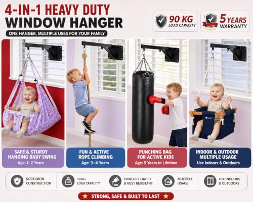 Image of Axmon Baby Cradle Hanger | 90 kg Static Load Capacity| Iron Swing Hanger for Window |Powder Coated Rust Resistant| Kids Swing,Hanging Chair, Punching Bag Wall Mounted Indoor & Outdoor Use