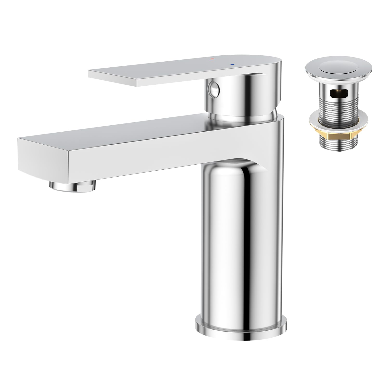 Grifo de Lavabo para Cuarto de Baño W.C. Rectangular Monomando con Desagüe Desplegable de Acero Inoxidable en Cromado Pulido