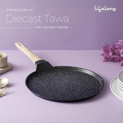 Image of Lifelong Die-cast Flat Roti Tawa with Wooden Finish Handle & Spatula for Dosa, Chapati | 28cm, 1kg | Pre-Seasoned Non-Toxic, Non-Stick & Teflon Free, Durable | Gas & Induction Stove-Friendly (LLDCT28)