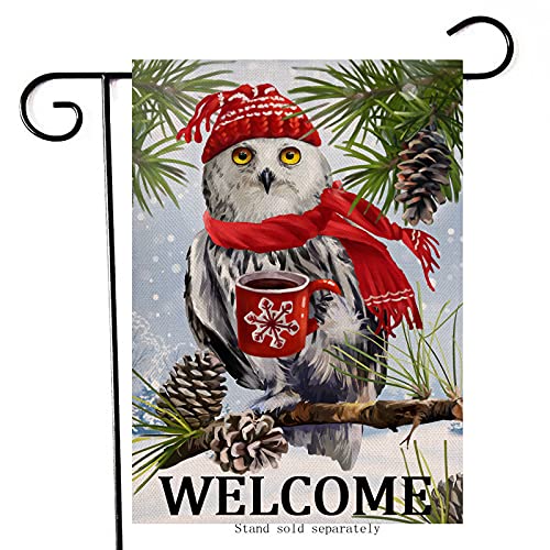Artofy Welcome Winter Owl Coffee Pinecones Home Decorative Garden Flag Snow, Pine Trees Branches House Yard Outside Decor, Christmas Snowflakes Farmhouse Outdoor Small Decoration Double Sided 12 X 18 #TOP12