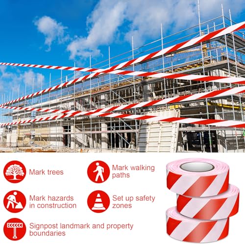 Blosssound 12 Pack Flagging Tape with White Red Stripes 1 inch x 1800ft Marking Ribbon Non Adhesive Plastic Surveyors Tape for Hunting Trail Hazardous Areas Halloween Party Decors