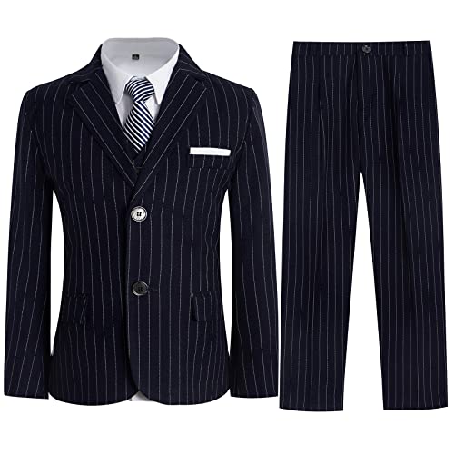 Boys Suit Ring Bearer Outfit 4 Pieces Kids Formal Wedding Suits Set Plaid Striped Blazer Vest Pants