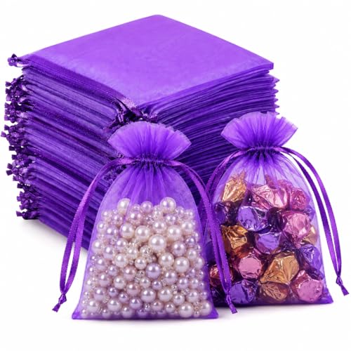 Image of Hopttreely 50pcs Purple Organza Bags, 4x4.72 inch Mesh Bags Drawstring Gift Bags Jewelry Pouches for Candy Wedding Favors Christmas, Bridal Showers, Candy, Jewelry & Goodie Bags