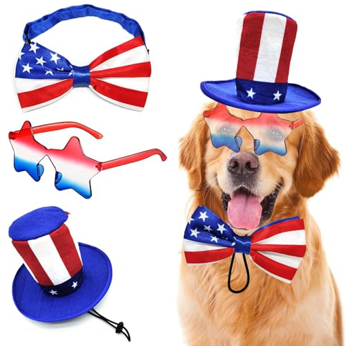 Independence Day Dog Costumes 3PCS Uncle Sam Top Hat USA Sunglasses American Flag Bow Tie Collar for Large Dogs Cats, 4th of July Outfit Patriotic Clothes Party Accessories (Large, Uncle Sam Style)