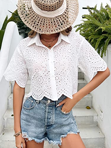 SweatyRocks Women's Short Sleeve Button Down Eyelet Crochet Shirt Asymmetrical Hem Crop Top Blouse4