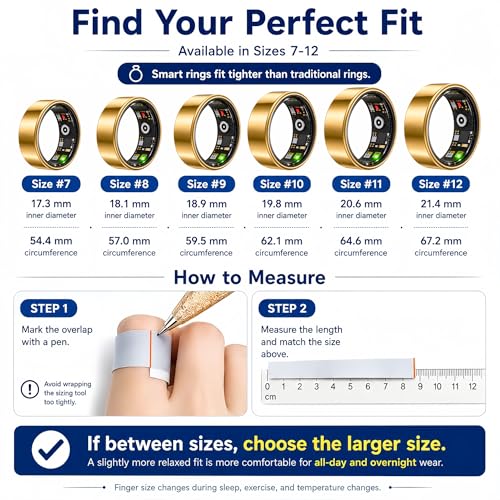 Image of Smart Ring for Women Men,Sleep Tracking Wearable,Fitness Tracker Ring with Step /Heart Rate /Blood Oxygen /Distance /Calorie,Clock Vibration,No Subscription Fee,5ATM Water (Gold, 13)