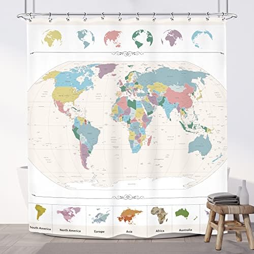 Imirell World Map Shower Curtain 60Wx72H Inches Multicolor Colorful Funny Learning Educational for Kids Boys Nursery Cool Fun Child City Country Fabric Waterproof Polyester with 12 Pack Hooks Plastic