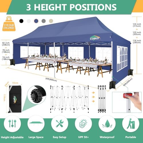 Image of COBIZI 10x30 Pop Up Canopy Tent with 8 Removable Sidewalls, Easy Setup Canopy with Roller Bag & Sandbags,Waterproof and UPF50+ Gazebo Tent, Outdoor Gazebo for Party Wedding BBQ Events,(White.