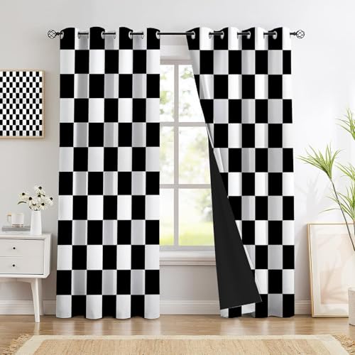 Lot de 2 Rideaux Grille Carrée Intérieur à Oeillets 117x137cm Rideaux Opaque Échiquier Rideau...